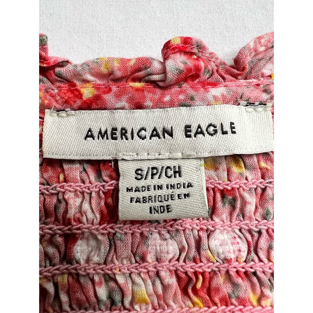 American Eagle Floral Top Shirt SMALL Long Sleeve Smocking Lace Detail - Picture 8 of 9